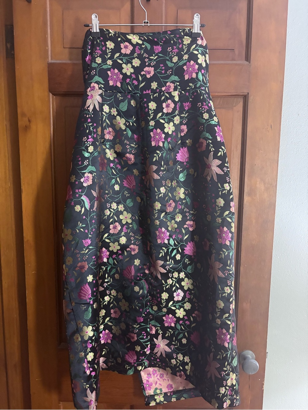 Lulu's Black Strapless Floral Midi Dress with Pink & Green Blooms